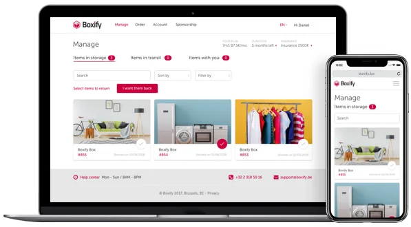 The Boxify customer portal — managing items in storage, on desktop and mobile