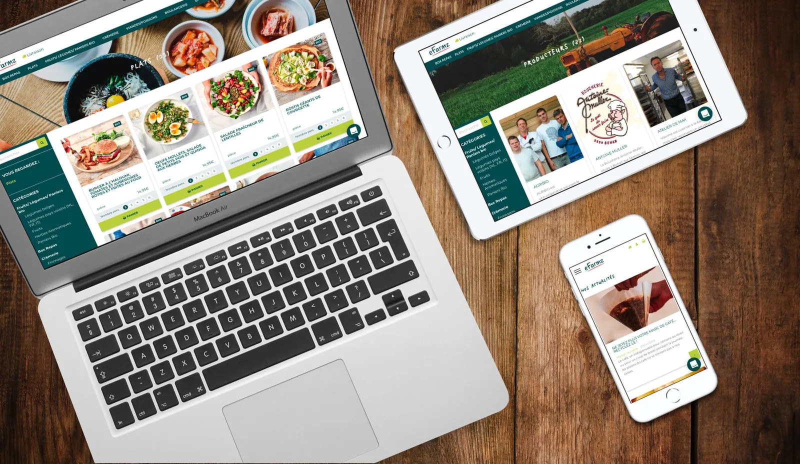 The eFarmz storefront across laptop, tablet, and phone