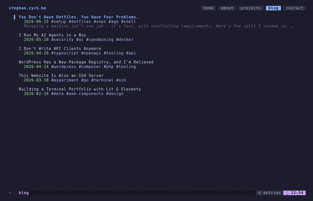 The blog feed served over SSH — the same posts, listed in a real terminal with no browser involved.
