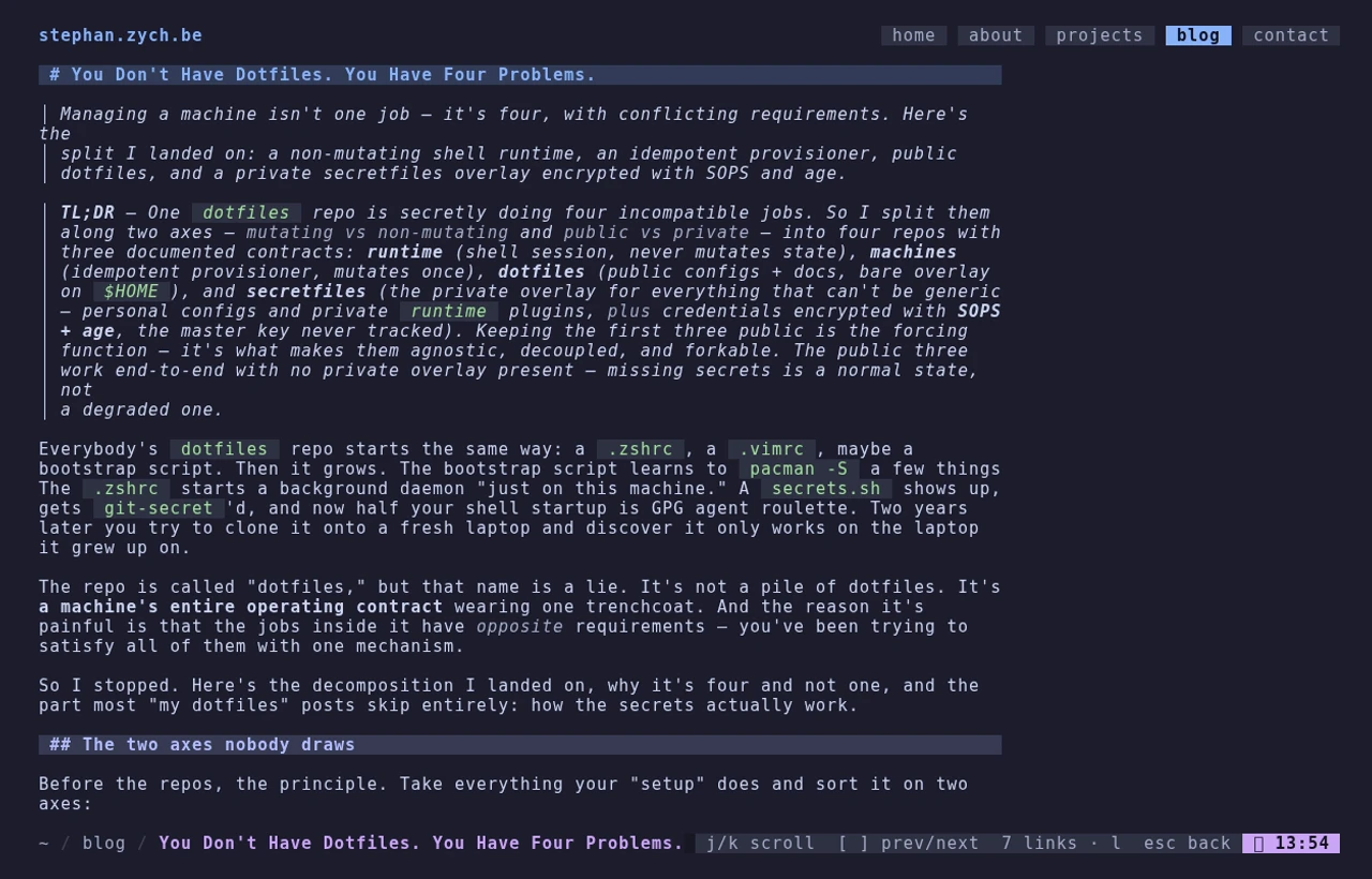 A blog post opened over SSH — Glamour renders the same Markdown to styled terminal output, no second content pipeline.