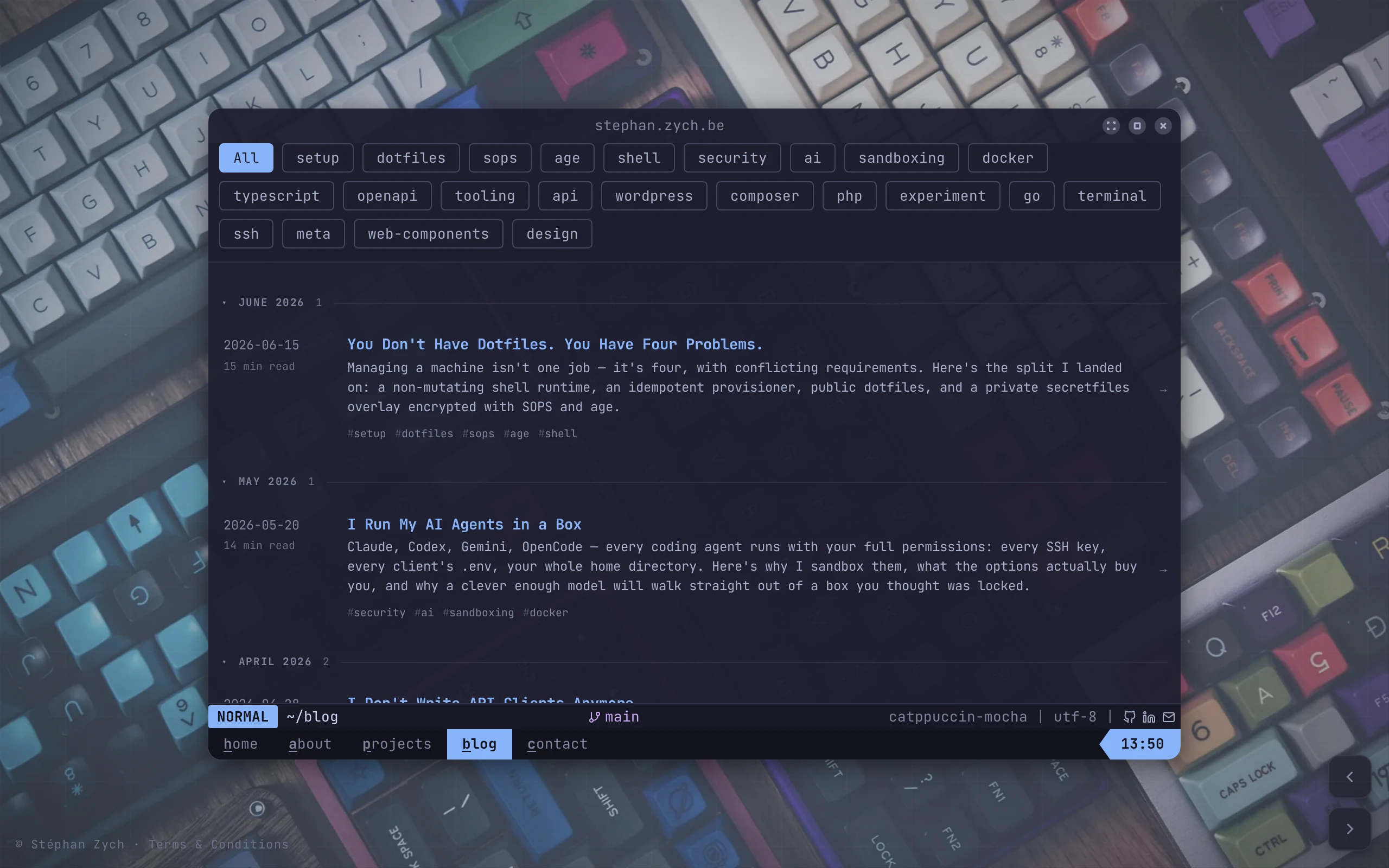 The blog feed as a terminal window — tabs, statusline, and the  command palette, all in a browser tab.