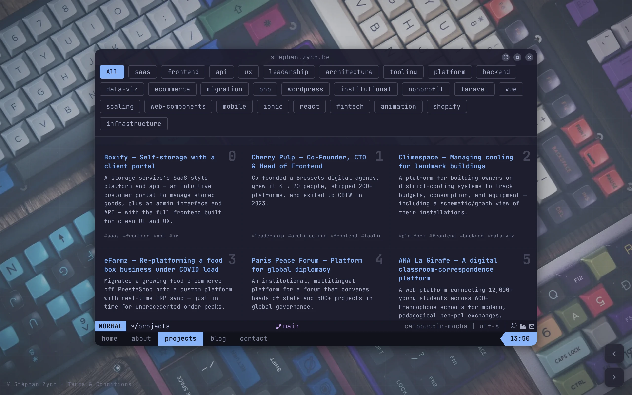 The projects page three layers deep — desktop, a draggable terminal window, and tmux-style tabs living inside it.