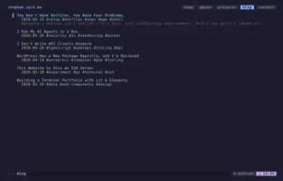 The blog feed served over SSH: the same posts, listed in a real terminal with no browser involved.