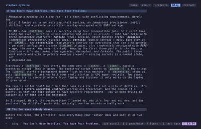 A blog post opened over SSH: Glamour renders the same Markdown to styled terminal output, no second content pipeline.
